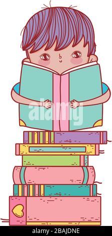 little boy sitting with open book on stacked books vector illustration Stock Vector