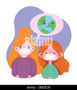 covid 19 coronavirus pandemic, girl with medical masks and sick world vector illustration Stock Vector