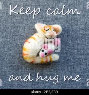 greeting card with cat and mouse and text: Keep calm and hug me Stock Photo
