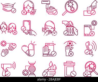 do and donts prevent spread of covid19 icons vector illustration gradient icon Stock Vector