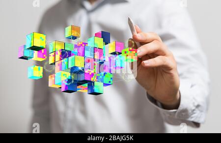 cloud connected to many objects on a virtual screen Stock Photo