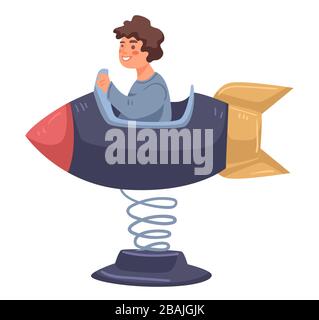 Boy in rocket or spaceship in amusement park Stock Vector