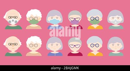 Set of cartoon heads or avatars of people - seniors, men and women. They wear a protective mask and a respirator with glasses. Isolated vector Stock Vector