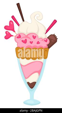 Sweets with cream and chocolate heart shape sticks in glass cup vector Stock Vector