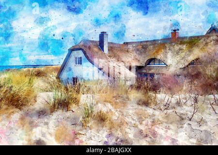 Digittal illustration of traditional reed roof house at baltic sea shore in sand dunes. Ahrenshoop village in Germany. Stock Photo