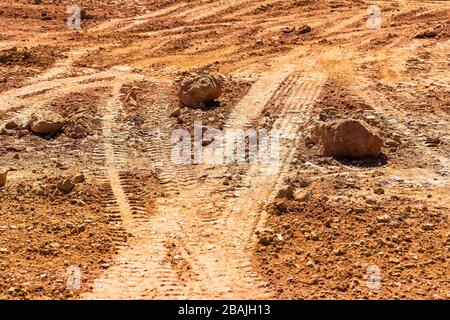 Tired track on the ground. Perspective view. Stock Photo