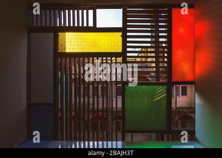 Silhouette of retro windows and color from vintage glass. Stock Photo