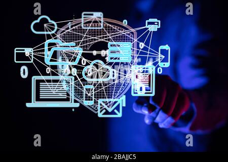 A Photo of Out of Focus IT Technician Turning on Data Server. Stock Photo