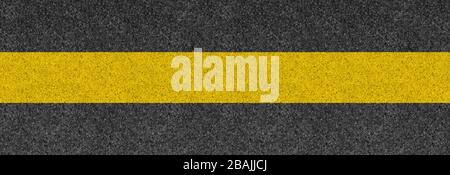Black asphalt background texture with horizontal yellow line. Banner Stock Photo