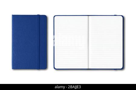 Marine blue closed and open lined notebooks mockup isolated on white Stock Photo