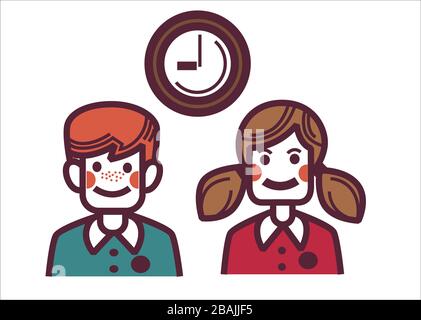 School children in uniform and clock showing time Stock Vector