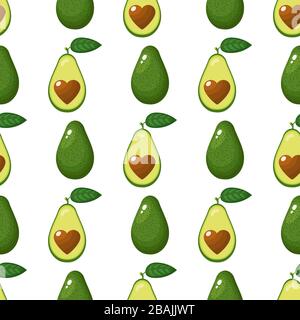 Seamless pattern with fresh whole, half avocado with heart isolated on white background. Summer fruits for healthy lifestyle. Organic fruit. Cartoon s Stock Vector