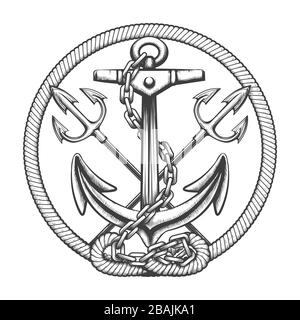 Anchor with chains and two tridents nautical emblem in engraving style. Vector illustration. Stock Vector