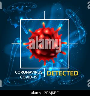 Coronavirus COVID-19 poster or banner on dark background. COVID-19 Detecting and treatment theme. Vector illustration. Stock Vector