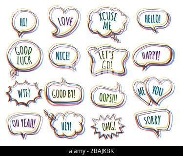 Set of Hand Drawn Colorful Speech Bubbles with inscriptions inside isolated on white backgroud. Vector illustration. Stock Vector