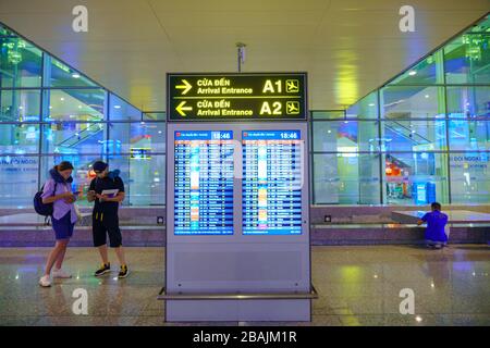 HANOI/VIETNAM - JULY 17 : Noi Bai International Airport (HAN) inside View Airport check-in counter Walkway sign Departure  07 17 2019 in Passenger Ter Stock Photo