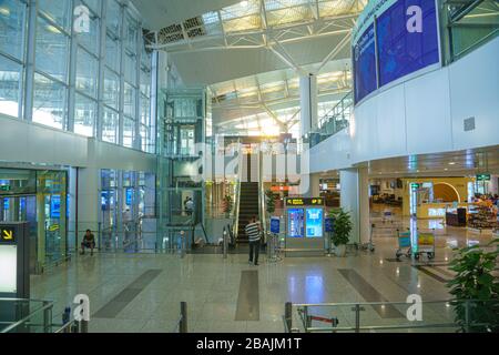 HANOI/VIETNAM - JULY 17 : Noi Bai International Airport (HAN) inside View Airport check-in counter Walkway sign Departure on 07 17 2019 in Passenger T Stock Photo