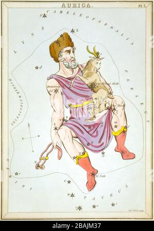 Auriga, celestial card, part of the set Urania’s Mirror, A View of the Heavens, engraved by Sidney Hall, First published in 1824 Stock Photo