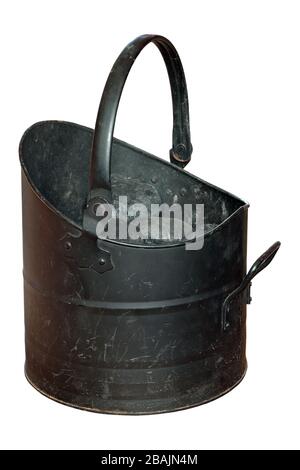 Coal bucket full of coals with scratches and dents from use on an isolated white background and a clipping path Stock Photo