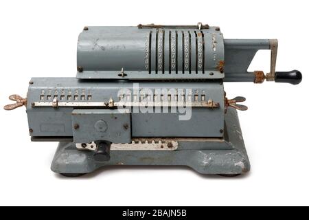 Isolated objects: grey vintage mechanical pinwheel calculator, on white background Stock Photo