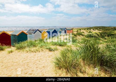 Beach huts on Southwold beach, Suffolk, England Stock Photo