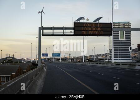 The first day of South Africa's 21 day national lockdown to contain the coronavirus pandemic witnessed deserted Cape Town highways Stock Photo