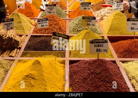Various spices on a counter on the Egyptian Bazaar in Istanbul, Turkey Stock Photo