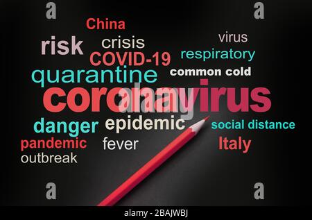 Coronavirus pandemic virus risk marked with red pincil. Ccoronavirus upper respiratory infection word cloud concept Stock Photo