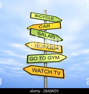 3D rendering of a conceptual image of direction signs toward healthy or unhealthy lifestyle. Stock Photo