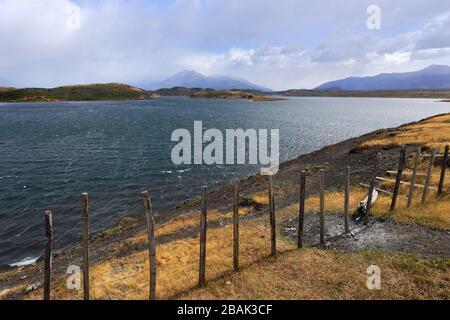 View over the village of Puerto Prat near Puerto Natales city, Patagonia, Chile, South America Stock Photo