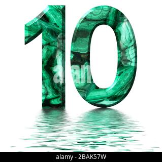 Arabic numeral 10, ten, from natural green malachite, reflected on the water surface, isolated on white, 3d render Stock Photo