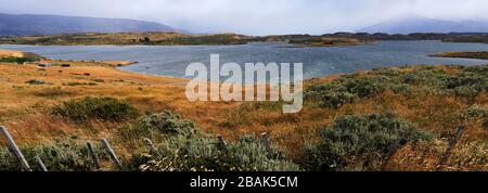 View over the village of Puerto Prat near Puerto Natales city, Patagonia, Chile, South America Stock Photo