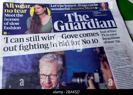 'I can still win - Gove comes out fighting in bid for No 10'  front page Guardian newspaper headline Tory leadership contest 11 June 2019 London UK Stock Photo