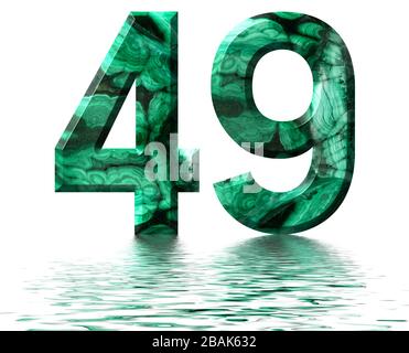 Arabic numeral 49, forty nine, from natural green malachite, reflected on the water surface, isolated on white, 3d render Stock Photo