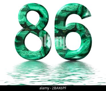 Arabic numeral 86, eighty six, from natural green malachite, reflected on the water surface, isolated on white, 3d render Stock Photo