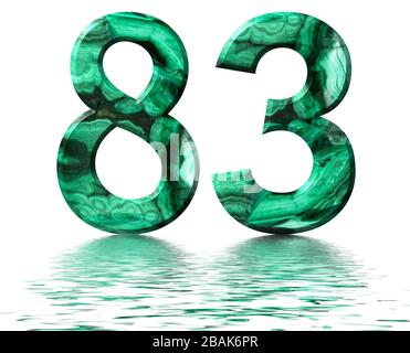 Arabic numeral 83, eighty three, from natural green malachite, reflected on the water surface, isolated on white, 3d render Stock Photo
