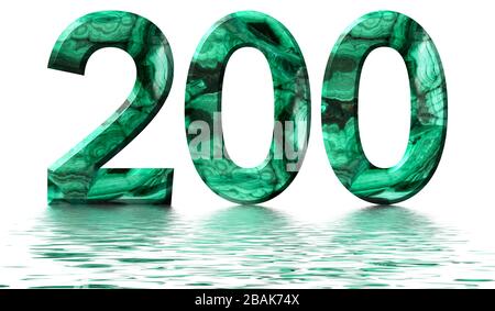 Arabic numeral 200, two hundred, from natural green malachite, reflected on the water surface, isolated on white, 3d render Stock Photo