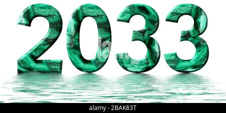 Inscription 2033 from natural green malachite, reflected on the water surface, isolated on white, 3d render Stock Photo