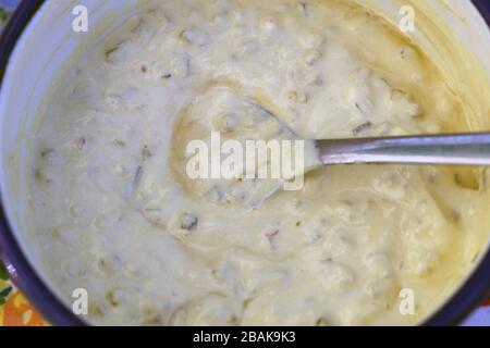 Traditional Finnish summer cottage food every Finn loves to enjoy during midsummer fest and summertime in general. Delicious homemade mushroom sauce. Stock Photo