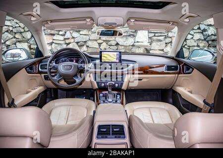 Automatic transmission gear, car interior. Automatic gear stick of a modern car, interior details, close up. Car detailing. Transmission lever Stock Photo