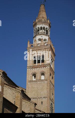 The bell tower of the Cathedral of Santa Maria Assunta is the main and oldest place of Catholic worship in the city, Crema, Lombardy, Italy, Europe Stock Photo