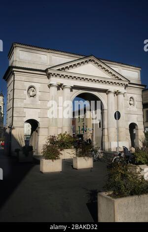 Porta Ombriano is a monumental gateway to the historic center of Crema, Lombardy, Italy, Europe Stock Photo