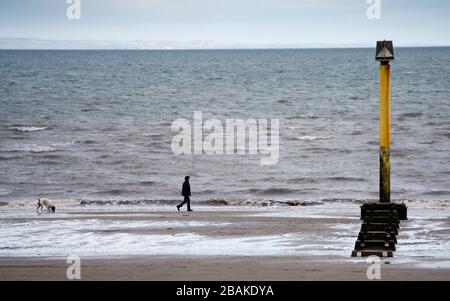 Portobello, Scotland, UK. 28 March, 2020. On the first weekend of the coronavirus lockdown the public were outdoors exercising and maintaining social distancing along Portobello beachfront promenade. Man walking a dog along the seashore. Iain Masterton/Alamy Live News Stock Photo