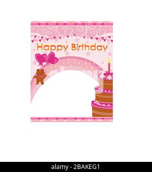 pink birthday card with cute teddy bear and cake Stock Vector