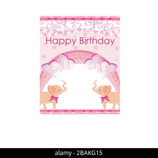 pink birthday card with cute elephants Stock Vector