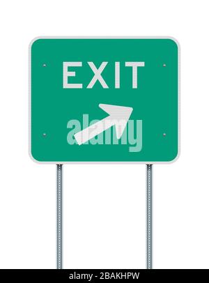 Vector illustration of the Exit direction arrow to the right green road sign on metallic posts Stock Vector