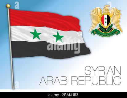 Syria official national flag and coat of arms, asiatic country, vector illustration Stock Vector