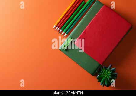 Red and green notebooks stand on an orange background, next to notebooks there are multi-colored pencils, and a green plant Stock Photo