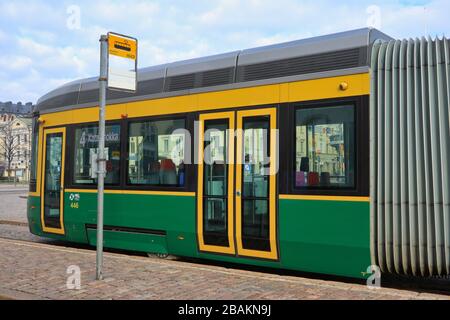 Helsinki, Finland. March 28, 2020. HSL tram 4 runs empty during coronavirus pandemic. Stock Photo