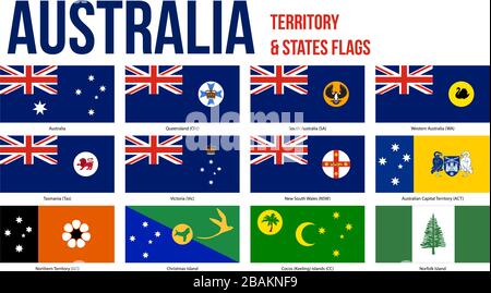 Australia All States, Internal Territories And The External Territory Flags Vector Illustration on White Background. Stock Vector
